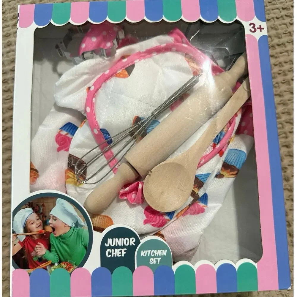 Kid Chef Cooking Set Cupcake Print Apron Hat‎ Mitt Utensil Pretend Play Kitchen